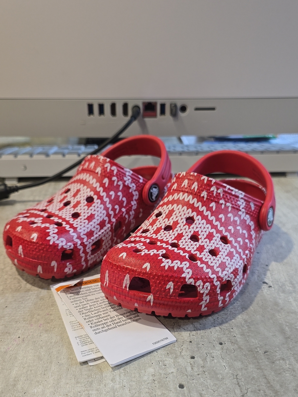 CROCS Kids Red and White Knit-Pattern Clogs